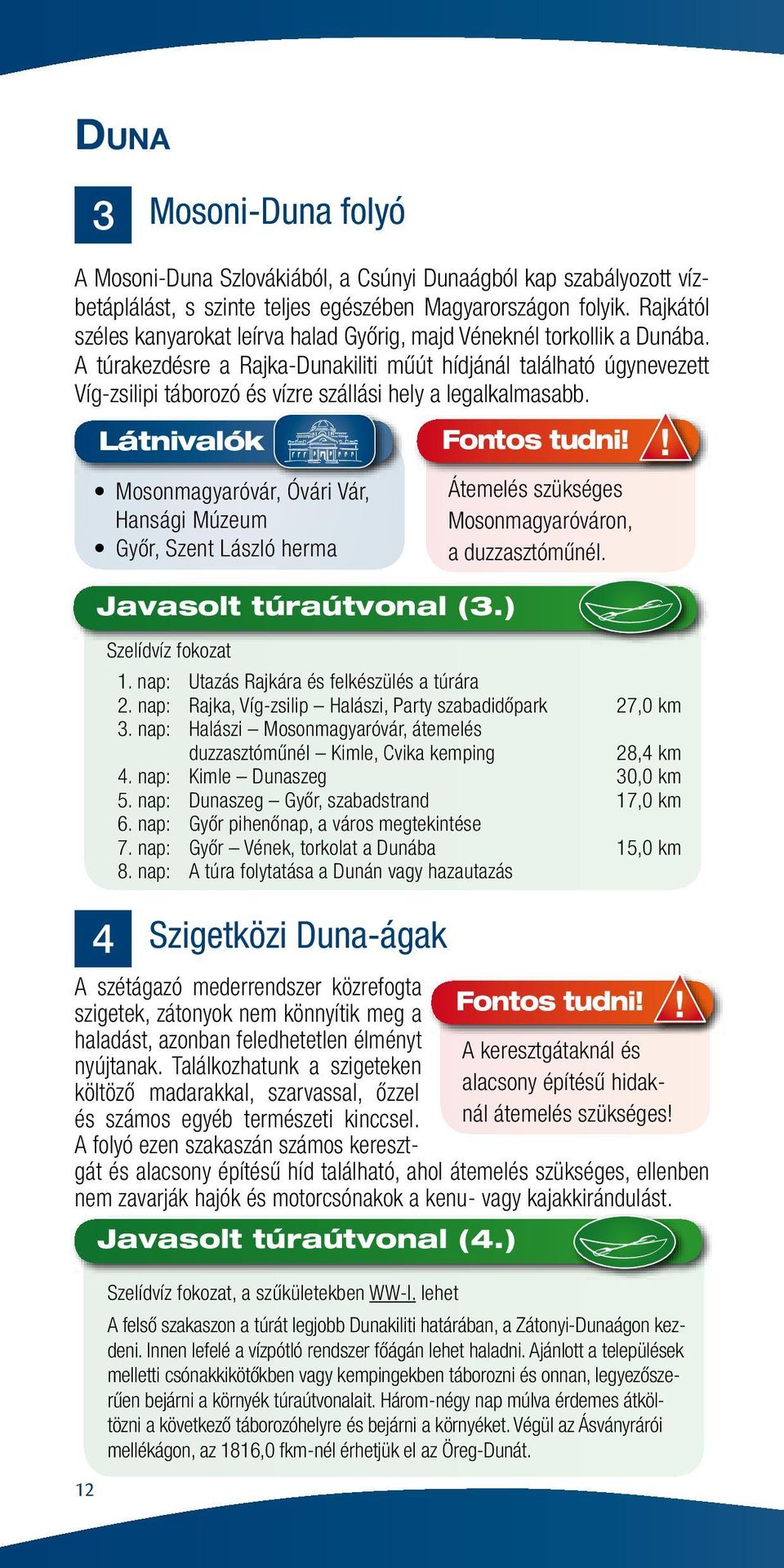 A túrakezdésre a Rajka-Dunakiliti műút hídjánál található úgynevezett Víg-zsilipi táborozó és vízre szállási hely a legalkalmasabb.