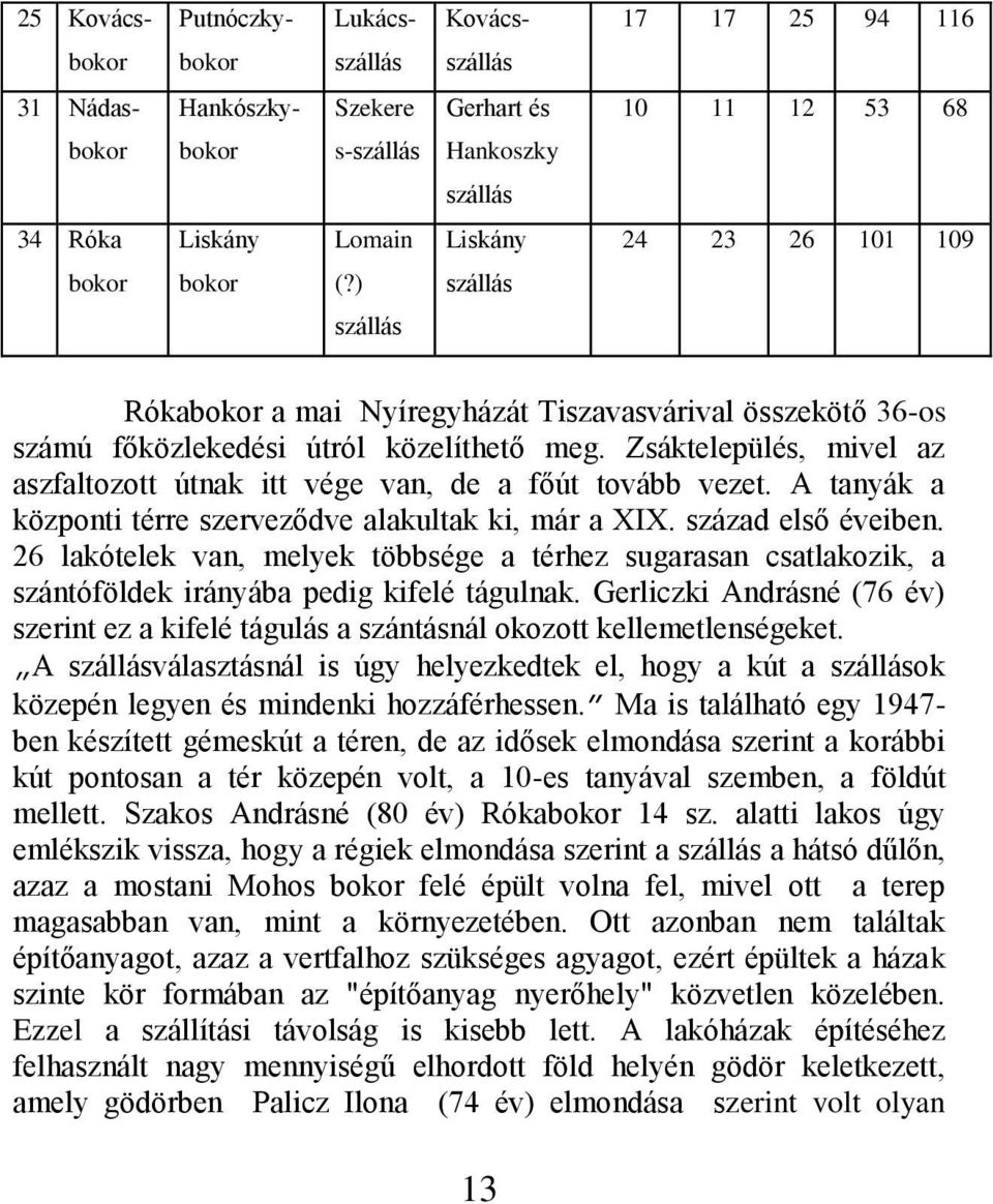 Zsáktelepülés, mivel az aszfaltozott útnak itt vége van, de a főút tovább vezet. A tanyák a központi térre szerveződve alakultak ki, már a XIX. század első éveiben.