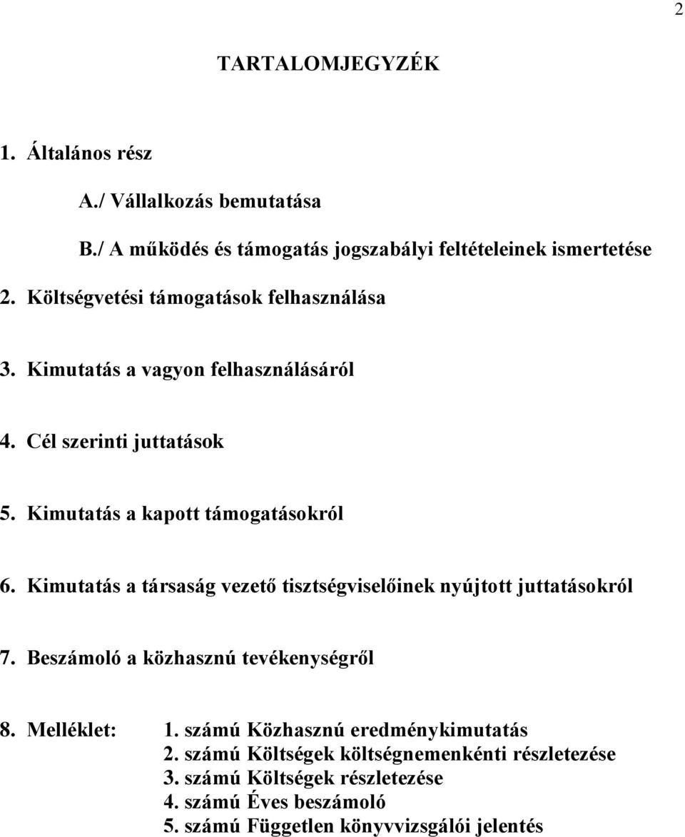 Kimutatás a társaság vezető tisztségviselőinek nyújtott juttatásokról 7. Beszámoló a közhasznú tevékenységről 8. Melléklet: 1.