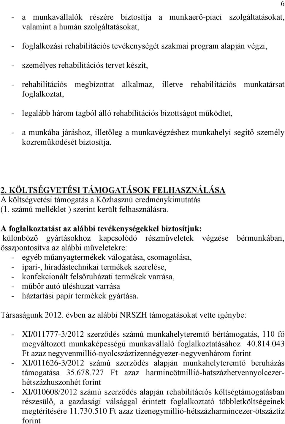 járáshoz, illetőleg a munkavégzéshez munkahelyi segítő személy közreműködését biztosítja. 6 2. KÖLTSÉGVETÉSI TÁMOGATÁSOK FELHASZNÁLÁSA A költségvetési támogatás a Közhasznú eredménykimutatás (1.