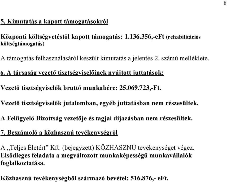 A társaság vezető tisztségviselőinek nyújtott juttatások: Vezető tisztségviselők bruttó munkabére: 25.069.723,-Ft.