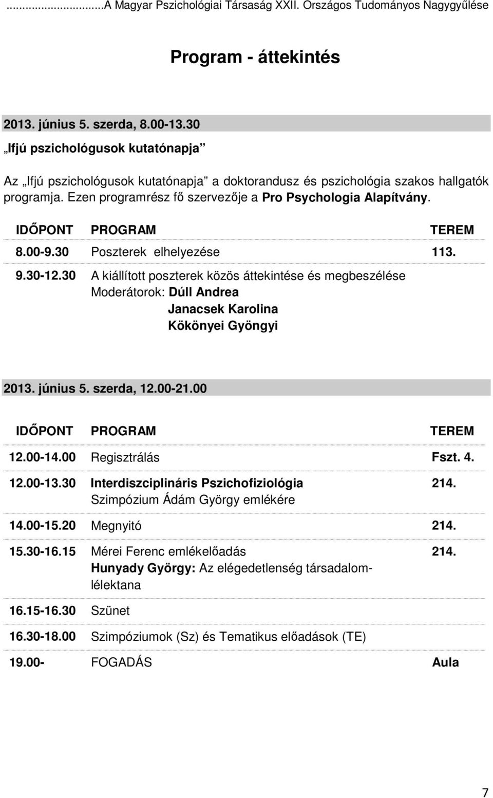 IDİPONT PROGRAM TEREM 8.00-9.30 Poszterek elhelyezése 113. 9.30-12.30 A kiállított poszterek közös áttekintése és megbeszélése Moderátorok: Dúll Andrea Janacsek Karolina Kökönyei Gyöngyi 2013.