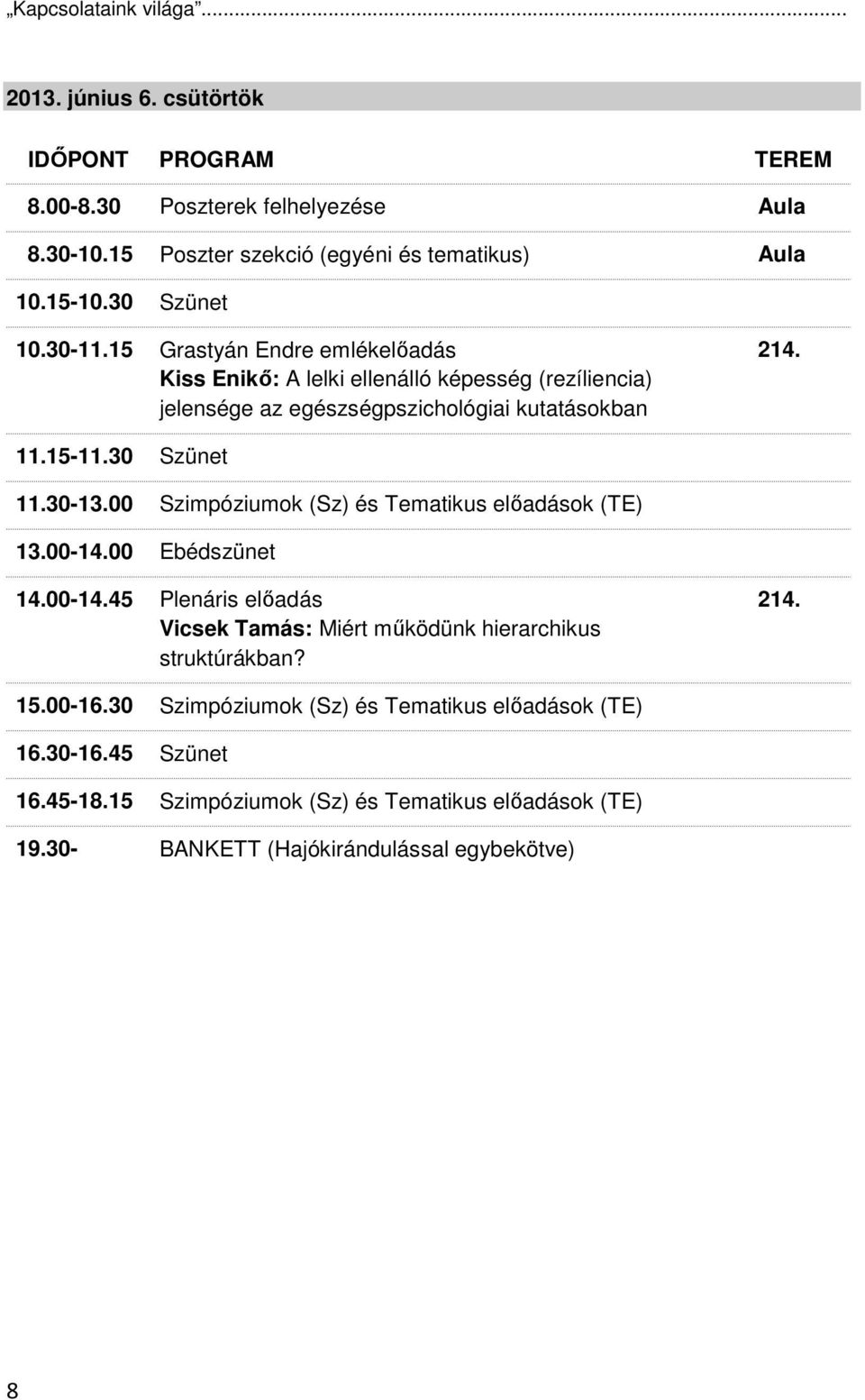 30-13.00 Szimpóziumok (Sz) és Tematikus elıadások (TE) 13.00-14.00 Ebédszünet 14.00-14.45 Plenáris elıadás Vicsek Tamás: Miért mőködünk hierarchikus struktúrákban? 15.00-16.