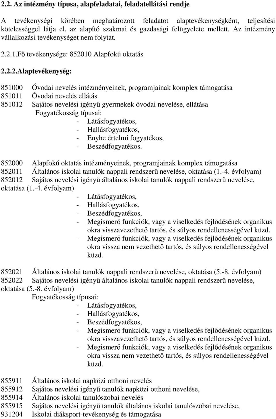 2.1.Fő tevékenysége: 852010 Alapfokú oktatás 2.2.2.Alaptevékenység: 851000 Óvodai nevelés intézményeinek, programjainak komplex támogatása 851011 Óvodai nevelés ellátás 851012 Sajátos nevelési igényű