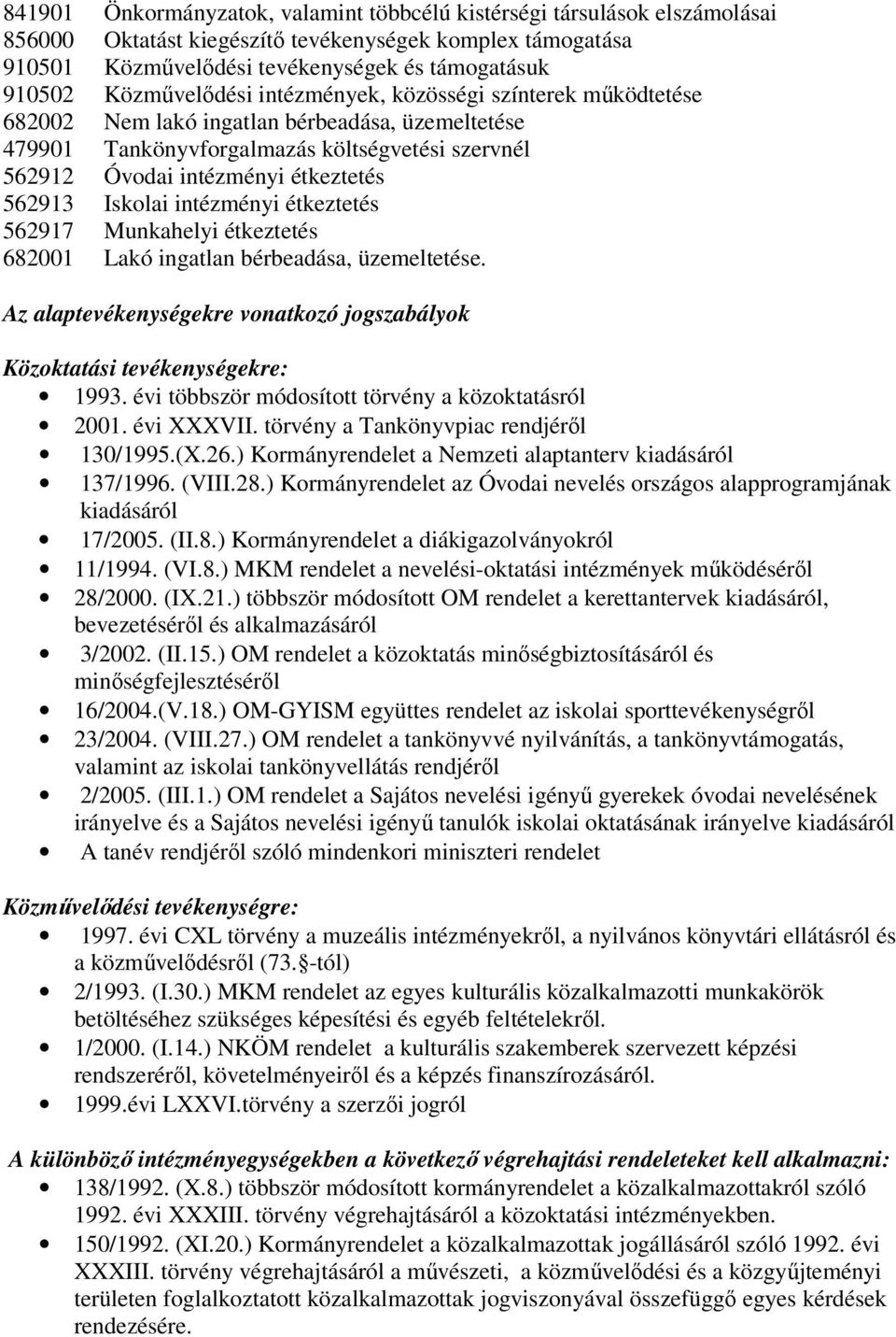 562913 Iskolai intézményi étkeztetés 562917 Munkahelyi étkeztetés 682001 Lakó ingatlan bérbeadása, üzemeltetése. Az alaptevékenységekre vonatkozó jogszabályok Közoktatási tevékenységekre: 1993.