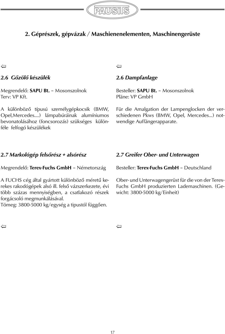 Mosonszolnok Pläne: VP GmbH Für die Amalgation der Lampenglocken der verschiedenen Pkws (BMW, Opel, Mercedes ) notwendige Auffängerapparate. 2.