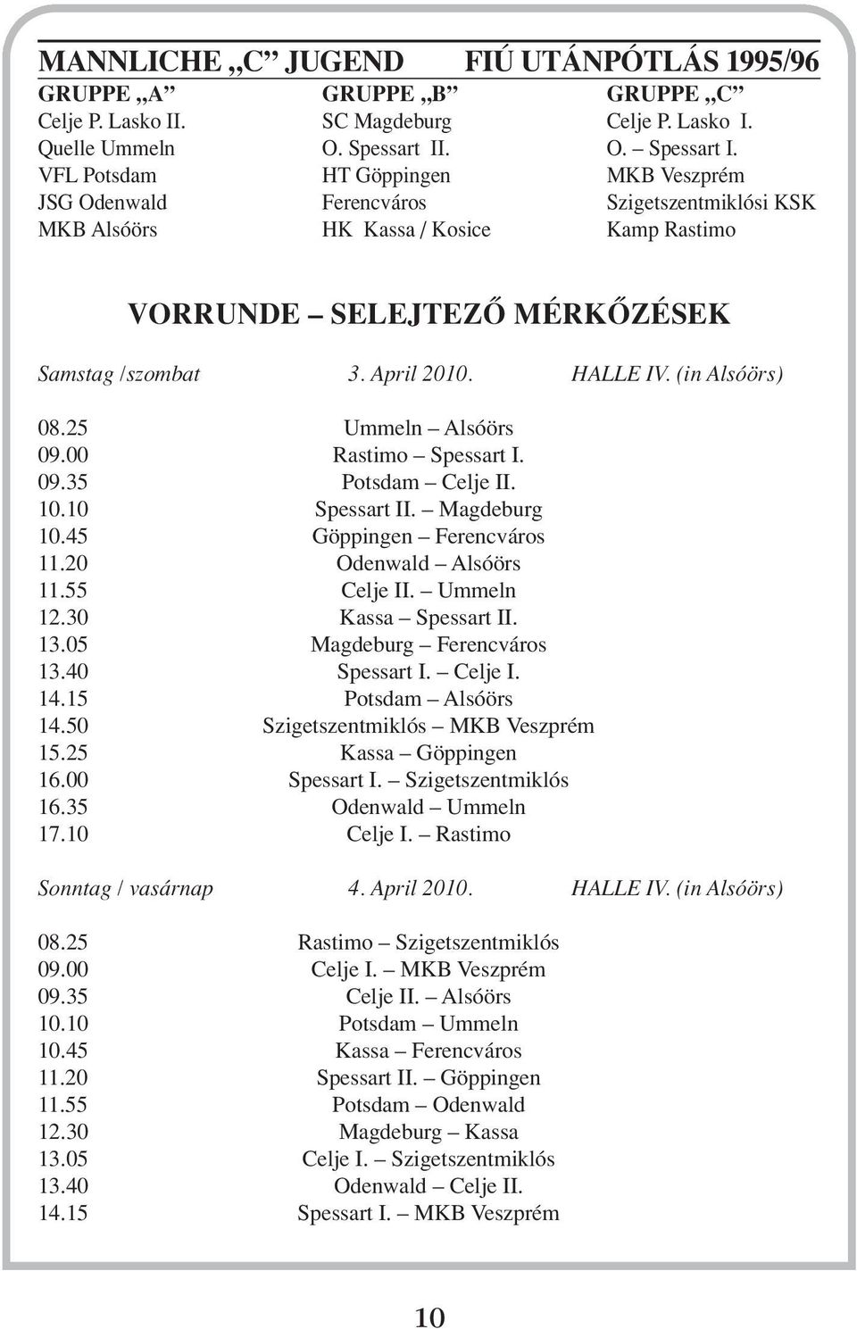 April 2010. ALLE IV. (in Alsóörs) 08.25 Ummeln Alsóörs 09.00 Rastimo Spessart I. 09.35 Potsdam Celje II. 10.10 Spessart II. Magdeburg 10.45 Göppingen Ferencváros 11.20 Odenwald Alsóörs 11.55 Celje II.