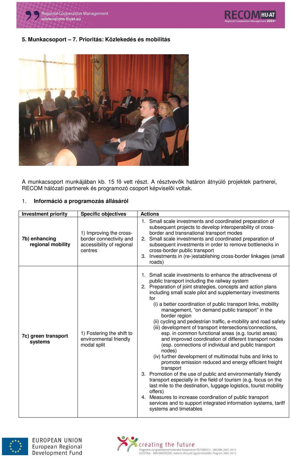 Információ a programozás állásáról Investment priority Specific objectives Actions 7b) enhancing regional mobility 1) Improving the crossborder connectivity and accessibility of regional centres 1.