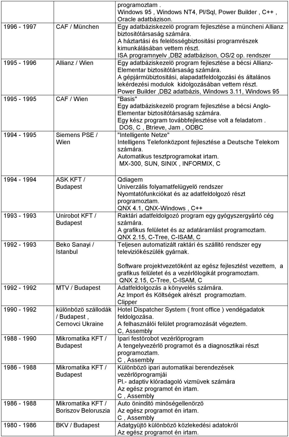 rendszer 1995-1996 Allianz / Wien Egy adatbáziskezelö program fejlesztése a bécsi Allianz- Elementar biztositótársaság számára.