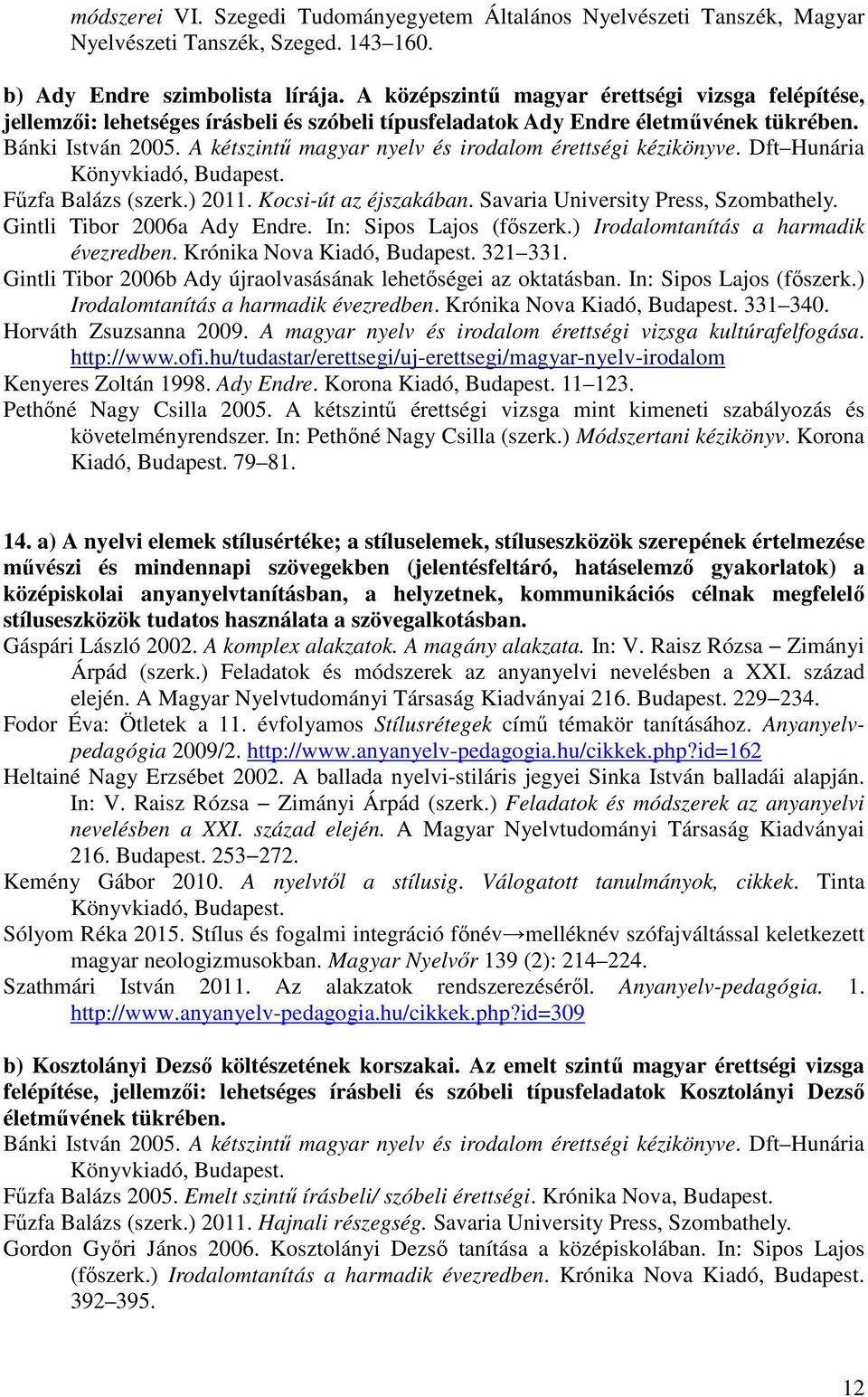 A kétszintő magyar nyelv és irodalom érettségi kézikönyve. Dft Hunária Könyvkiadó, Budapest. Főzfa Balázs (szerk.) 2011. Kocsi-út az éjszakában. Savaria University Press, Szombathely.