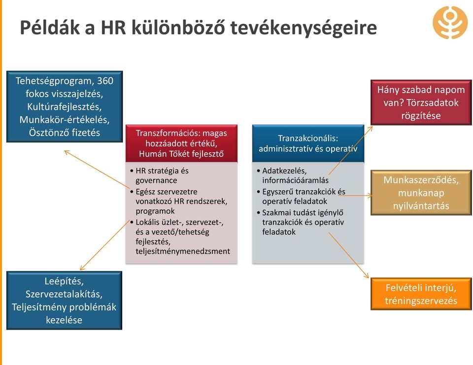 Törzsadatok rögzítése HR stratégia és governance Egész szervezetre vonatkozó HR rendszerek, programok Lokális üzlet-, szervezet-, és a vezető/tehetség fejlesztés,