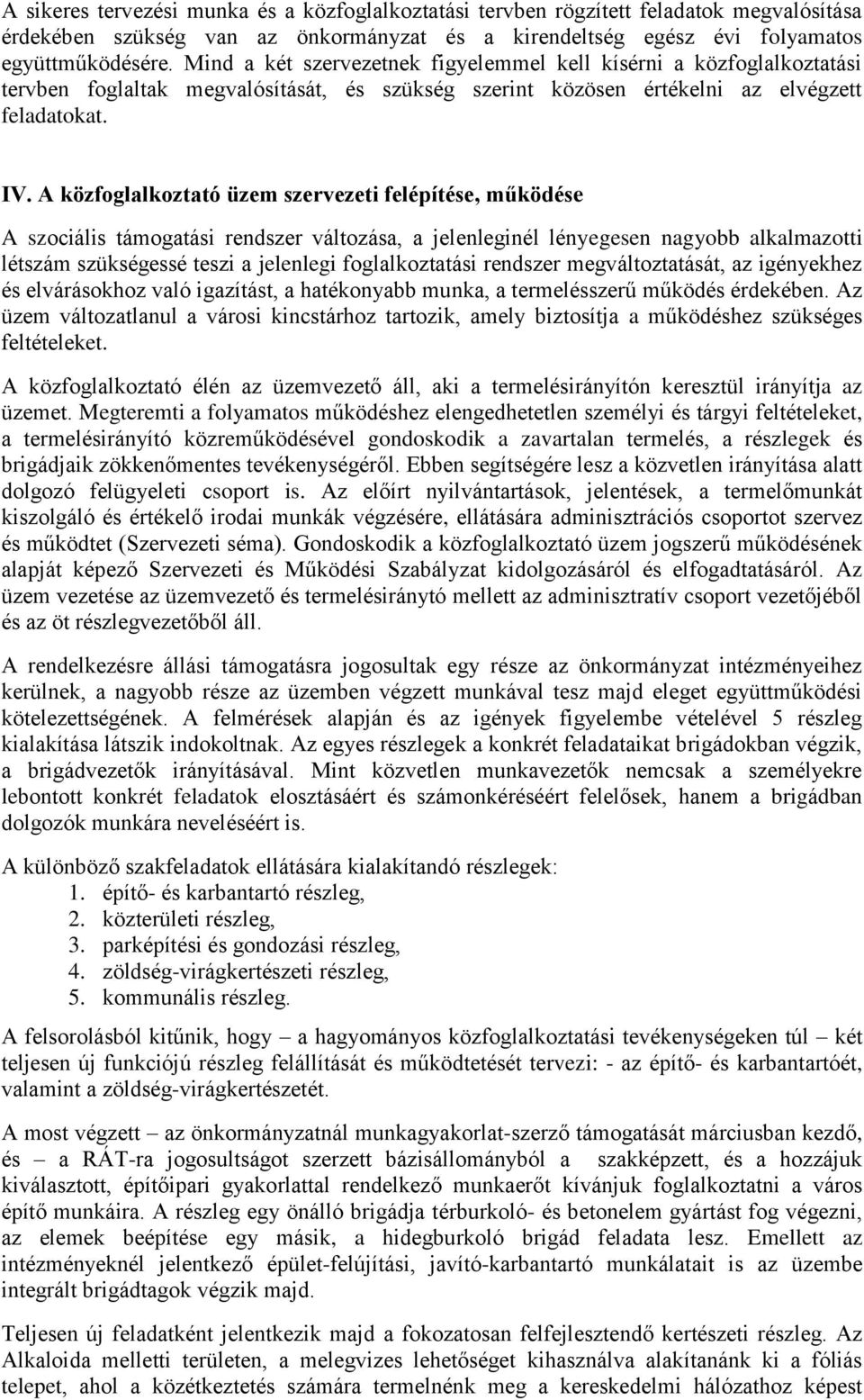 A közfoglalkoztató üzem szervezeti felépítése, működése A szociális támogatási rendszer változása, a jelenleginél lényegesen nagyobb alkalmazotti létszám szükségessé teszi a jelenlegi foglalkoztatási