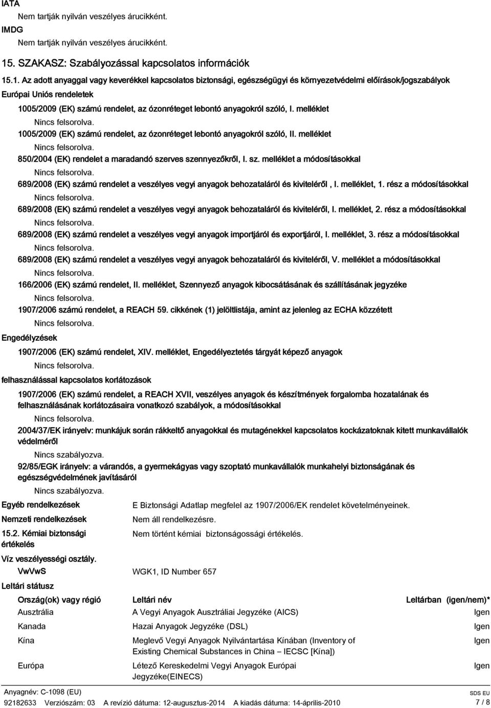 .1. Az adott anyaggal vagy keverékkel kapcsolatos biztonsági, egészségügyi és környezetvédelmi előírások/jogszabályok Európai Uniós rendeletek 1005/2009 (EK) számú rendelet, az ózonréteget lebontó