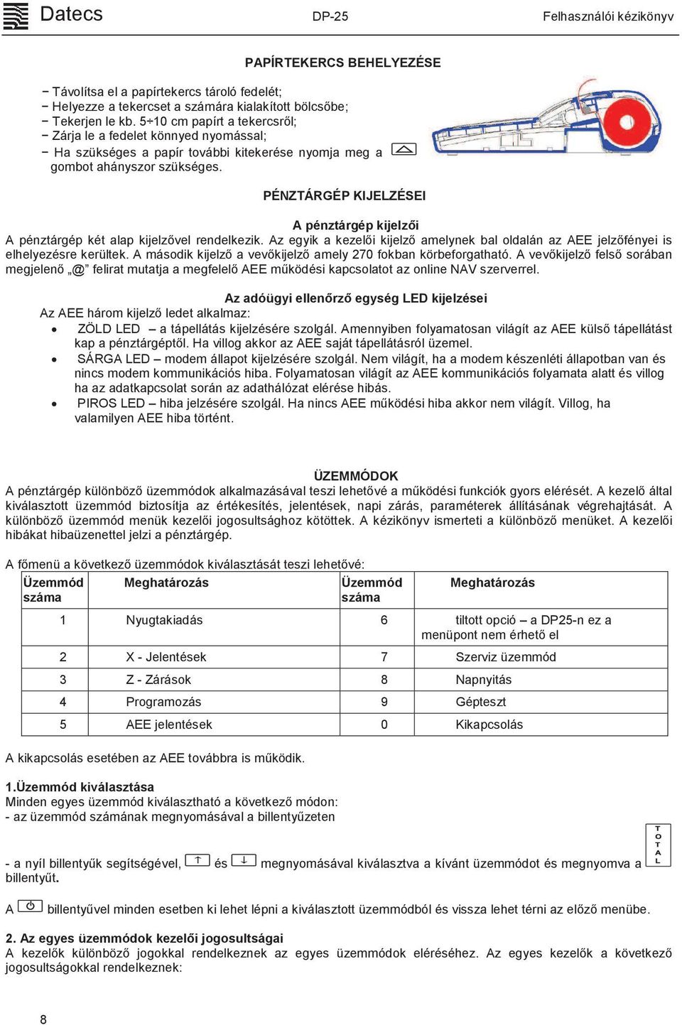 PÉNZTÁRGÉP KIJELZÉSEI A pénztárgép két alap kijelzővel rendelkezik. Az egyik a kezelői kijelző amelynek bal oldalán az AEE jelzőfényei is elhelyezésre kerültek.