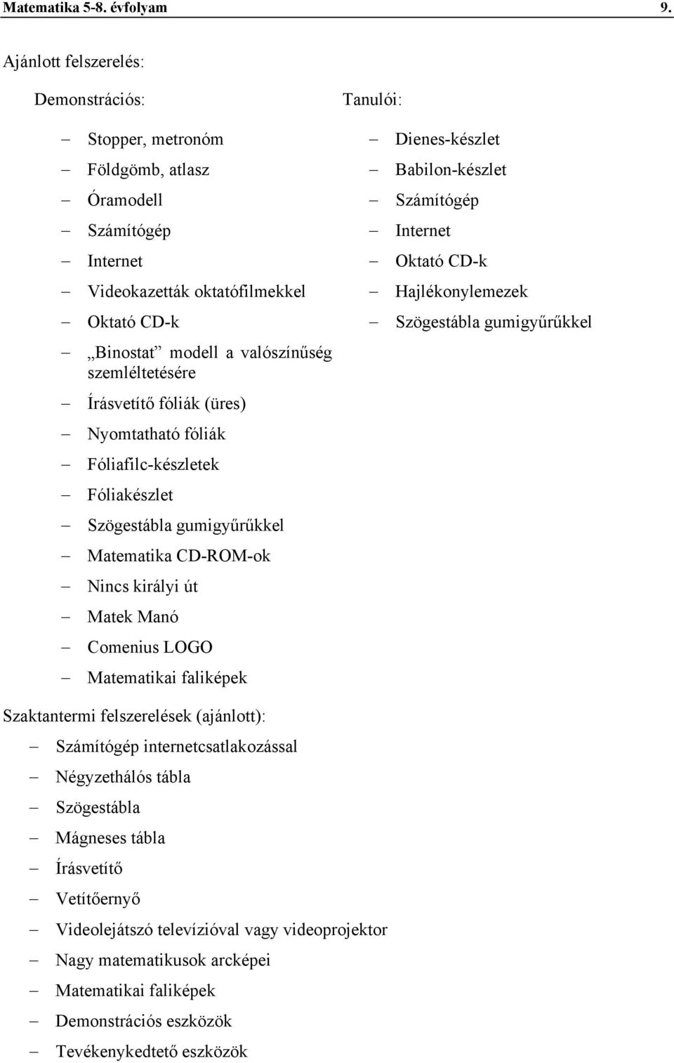 Írásvetítő fóliák (üres) Nyomtatható fóliák Fóliafilc-készletek Fóliakészlet Szögestábla gumigyűrűkkel Matematika CD-ROM-ok Nincs királyi út Matek Manó Comenius LOGO Matematikai faliképek Tanulói: