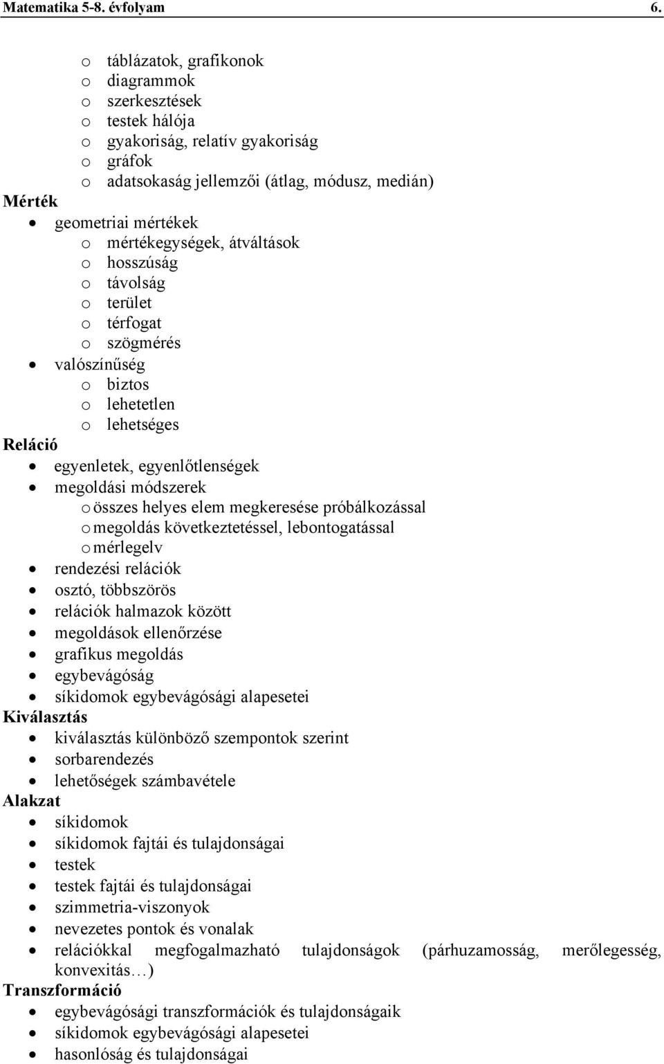mértékegységek, átváltások o hosszúság o távolság o terület o térfogat o szögmérés valószínűség o biztos o lehetetlen o lehetséges Reláció egyenletek, egyenlőtlenségek megoldási módszerek o összes