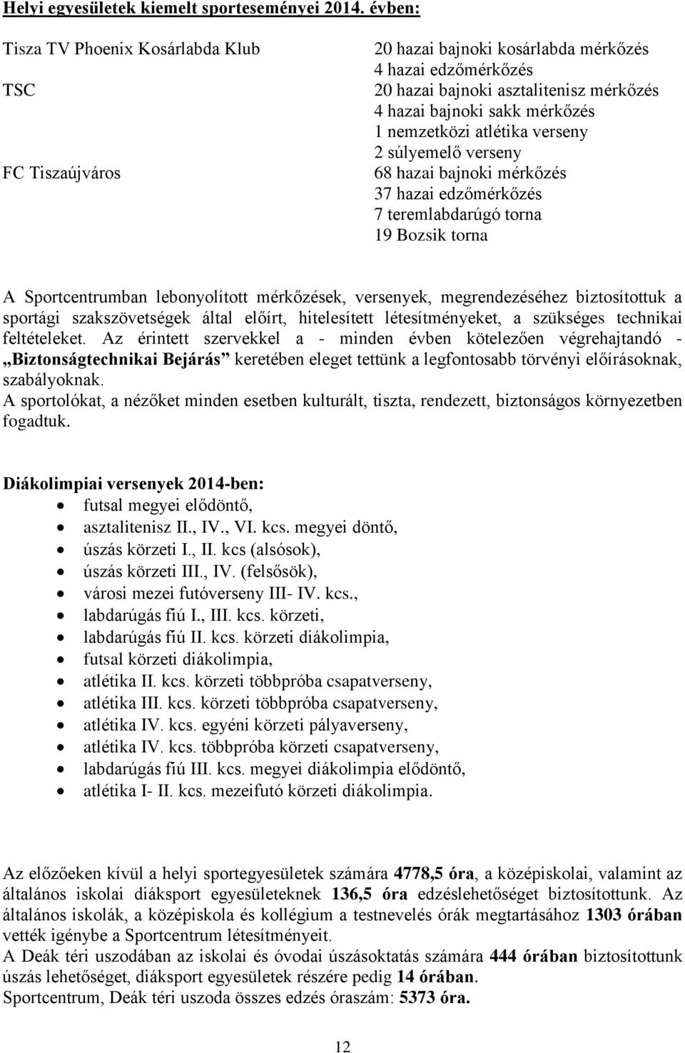 nemzetközi atlétika verseny 2 súlyemelő verseny 68 hazai bajnoki mérkőzés 37 hazai edzőmérkőzés 7 teremlabdarúgó torna 19 Bozsik torna A Sportcentrumban lebonyolított mérkőzések, versenyek,