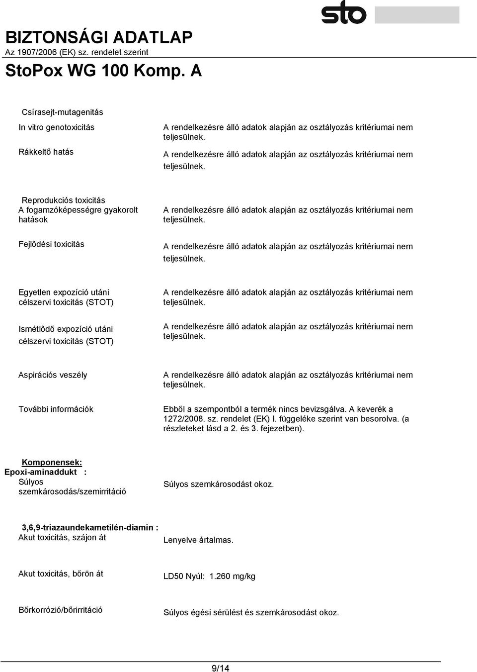 függeléke szerint van besorolva. (a részleteket lásd a 2. és 3. fejezetben). Komponensek: Epoxi-aminaddukt : Súlyos szemkárosodás/szemirritáció Súlyos szemkárosodást okoz.