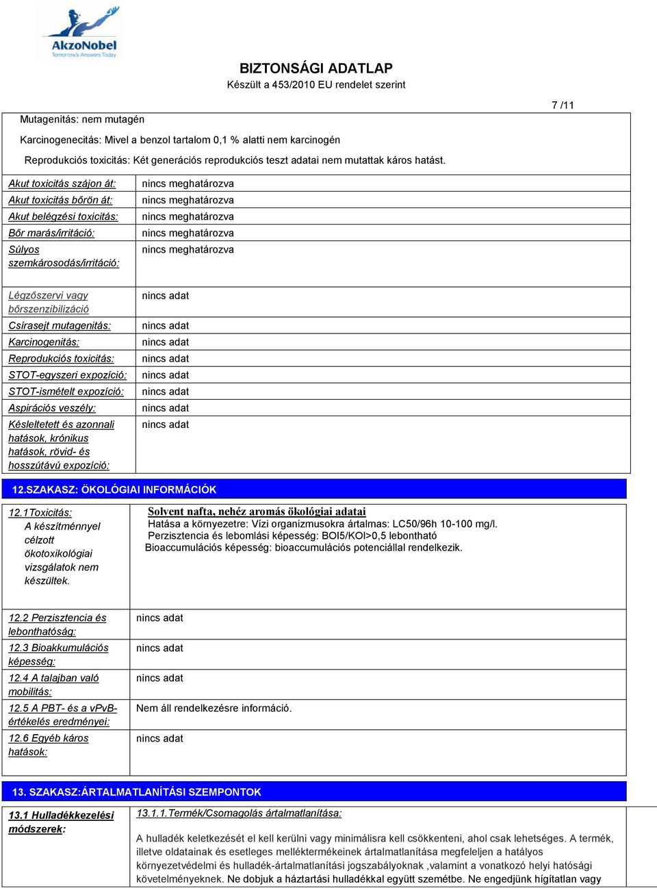 Karcinogenitás: Reprodukciós toxicitás: STOT-egyszeri expozíció: STOT-ismételt expozíció: Aspirációs veszély: Késleltetett és azonnali hatások, krónikus hatások, rövid- és hosszútávú expozíció: 12.