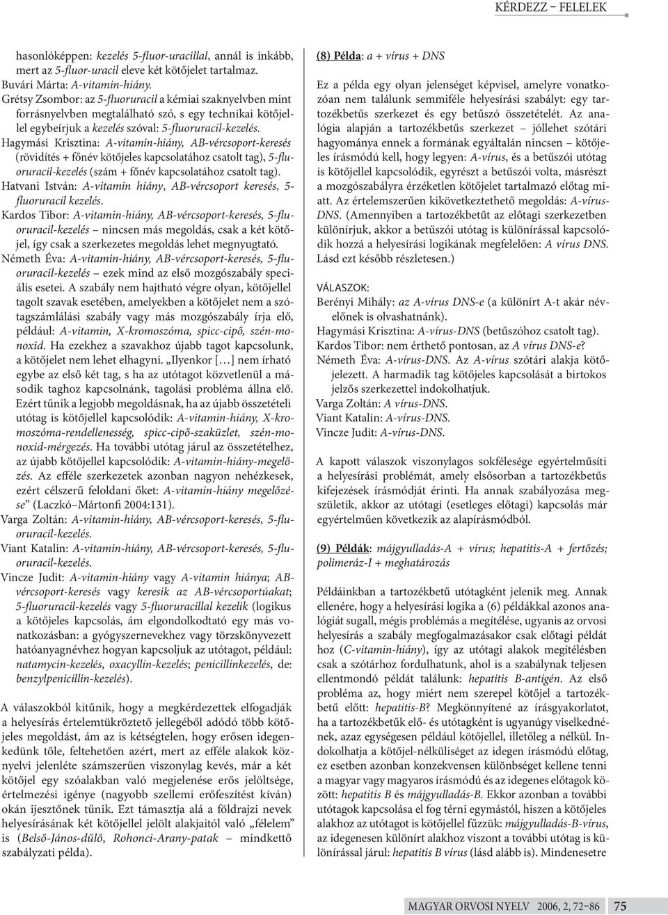 Hagymási Krisztina: A-vitamin-hiány, AB-vércsoport-keresés (rövidítés + főnév kötőjeles kapcsolatához csatolt tag), 5-fluoruracil-kezelés (szám + főnév kapcsolatához csatolt tag).