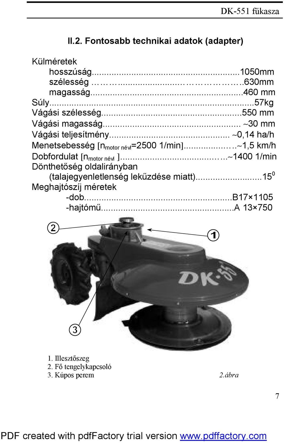 .. 0,14 ha/h Menetsebesség [n motor névl =2500 1/min]..... 1,5 km/h Dobfordulat [n motor névl ].