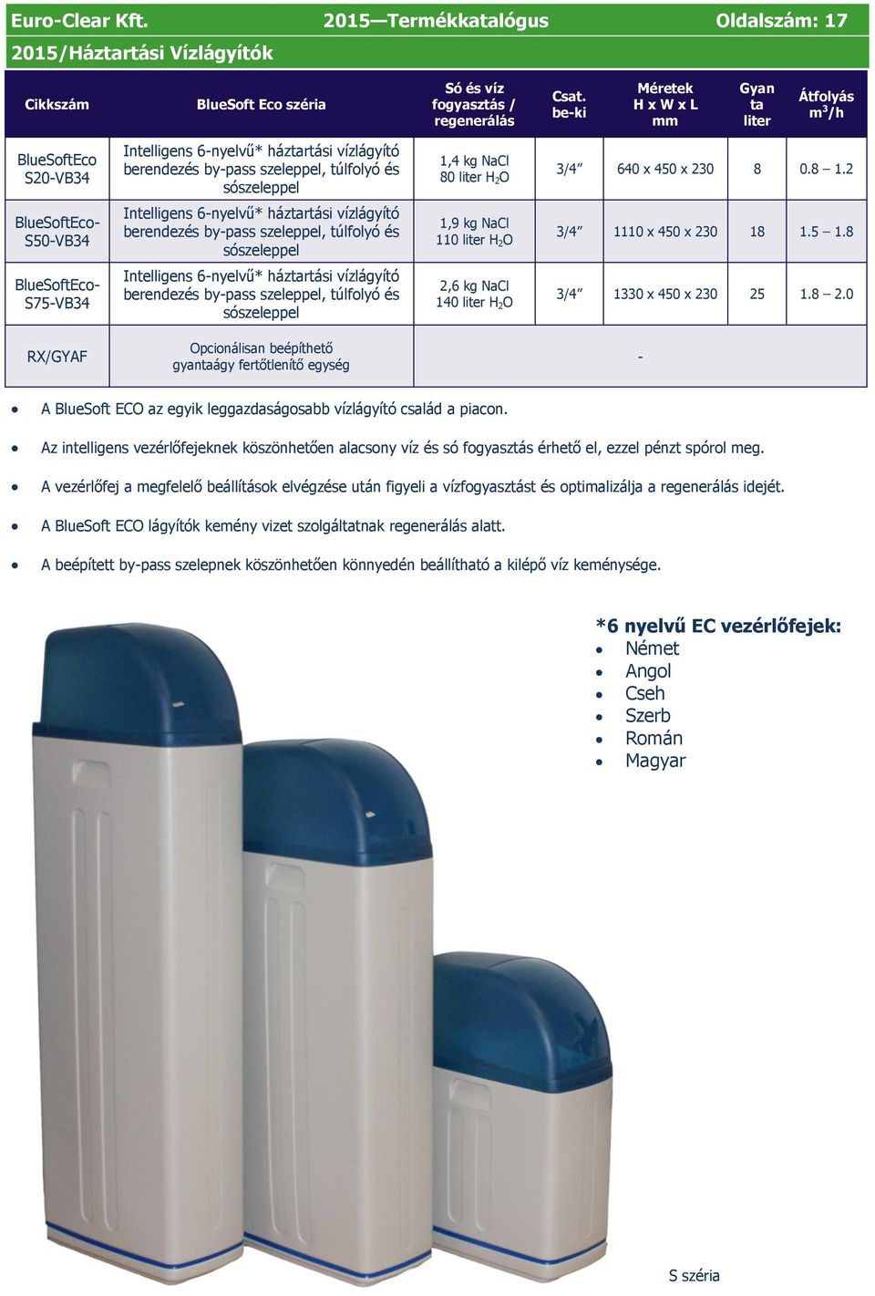 450 x 230 8 0.8 1.2 Eco- S50-VB34 Intelligens 6-nyelvű* háztartási vízlágyító berendezés by-pass szeleppel, túlfolyó és sószeleppel 1,9 kg NaCl 110 liter H 2 O 3/4 1110 x 450 x 230 18 1.5 1.