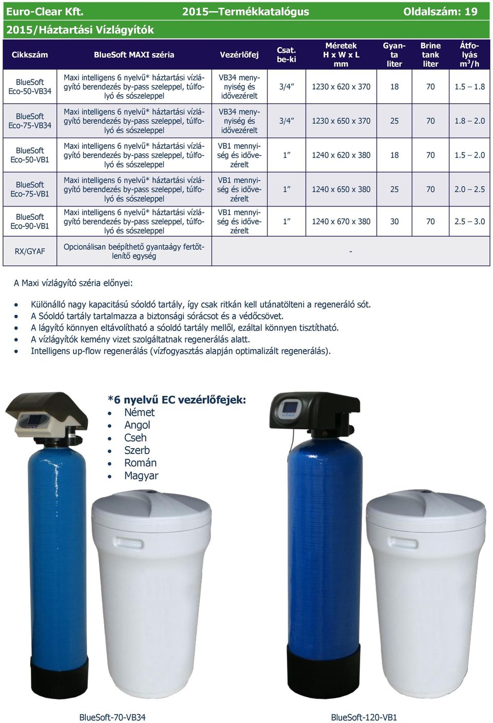 sószeleppel VB34 menynyiség és idővezérelt Csat. be-ki Méretek H x W x L mm Gyanta liter Brine tank liter Átfolyás 3/4 1230 x 620 x 370 18 70 1.5 1.