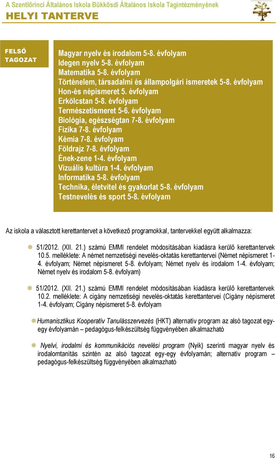 évfolyam Vizuális kultúra 1-4. évfolyam Informatika 5-8. évfolyam Technika, életvitel és gyakorlat 5-8. évfolyam Testnevelés és sport 5-8.