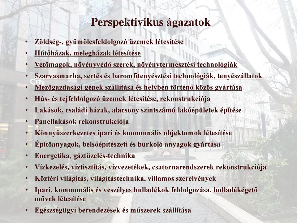 alacsony szintszámú lakóépületek építése Panellakások rekonstrukciója Könnyűszerkezetes ipari és kommunális objektumok létesítése Építőanyagok, belsőépítészeti és burkoló anyagok gyártása Energetika,