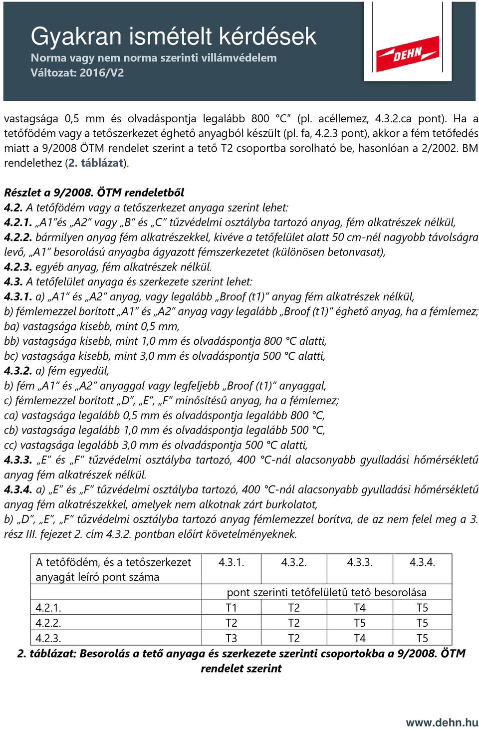 A1 és A2 vagy B és C tűzvédelmi osztályba tartozó anyag, fém alkatrészek nélkül, 4.2.2. bármilyen anyag fém alkatrészekkel, kivéve a tetőfelület alatt 50 cm-nél nagyobb távolságra levő, A1 besorolású anyagba ágyazott fémszerkezetet (különösen betonvasat), 4.