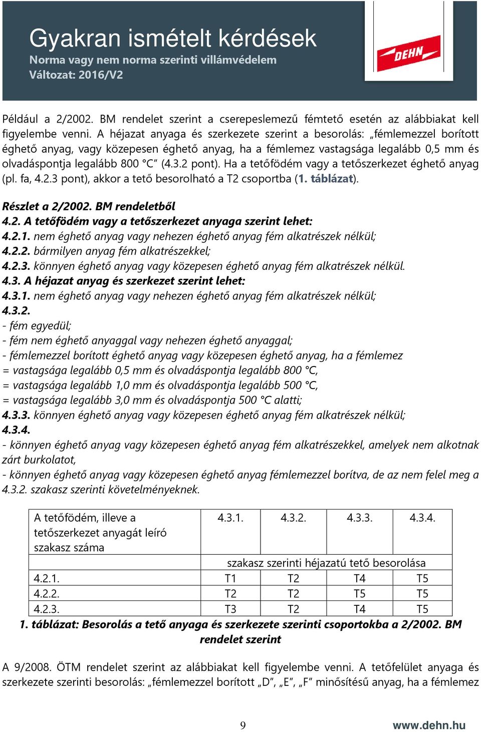 2 pont). Ha a tetőfödém vagy a tetőszerkezet éghető anyag (pl. fa, 4.2.3 pont), akkor a tető besorolható a T2 csoportba (1. táblázat). Részlet a 2/2002. BM rendeletből 4.2. A tetőfödém vagy a tetőszerkezet anyaga szerint lehet: 4.