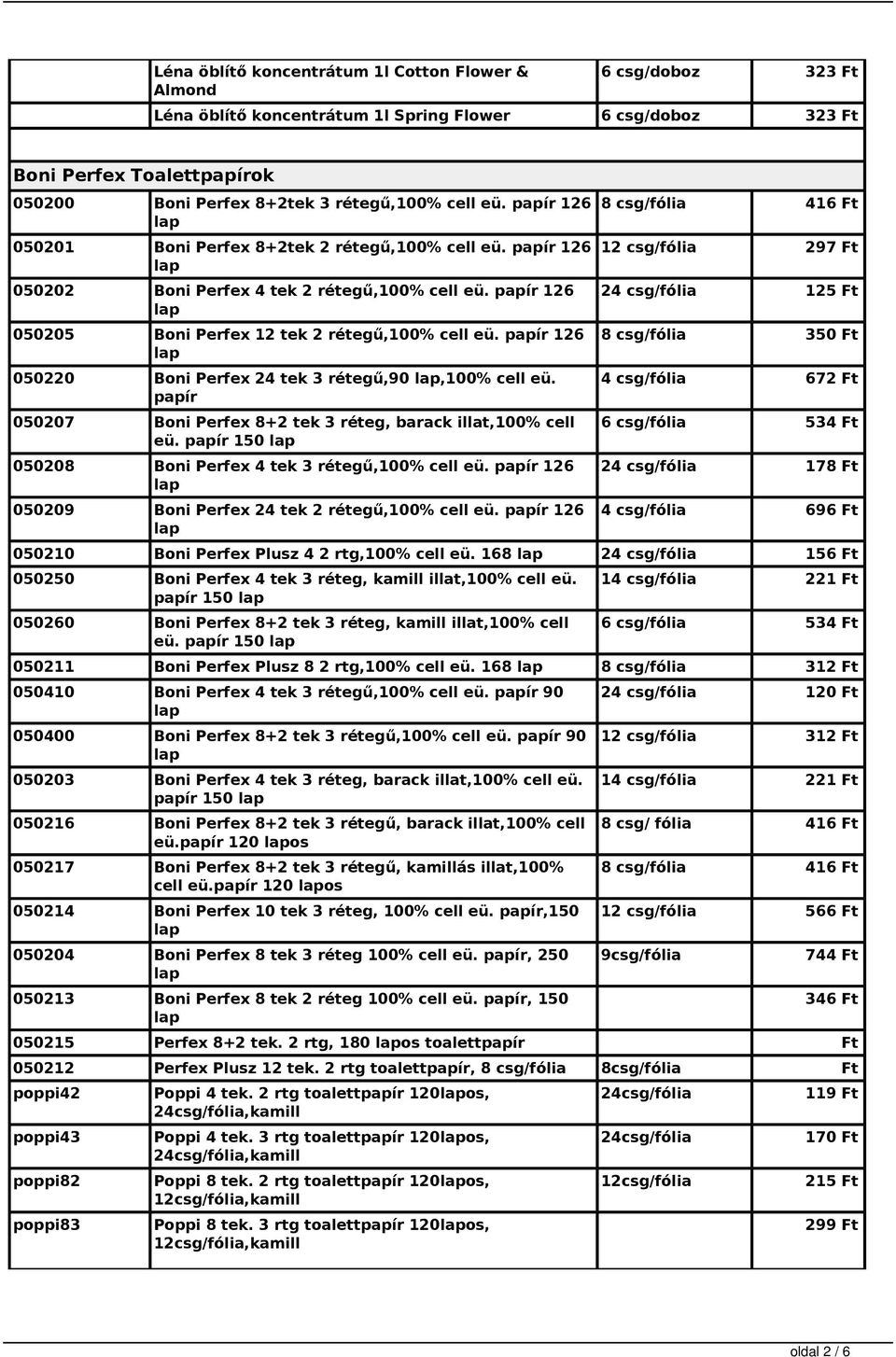 papír 126 050220 Boni Perfex 24 tek 3 rétegű,90,100% cell eü. papír 050207 Boni Perfex 8+2 tek 3 réteg, barack illat,100% cell eü. papír 150 050208 Boni Perfex 4 tek 3 rétegű,100% cell eü.