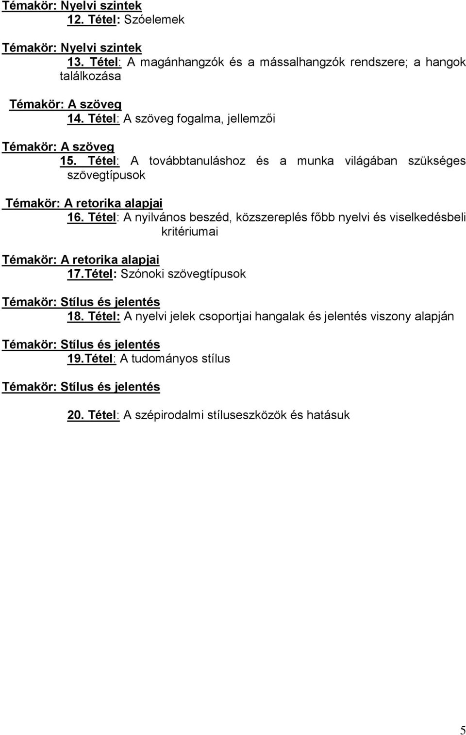 Tétel: A nyilvános beszéd, közszereplés főbb nyelvi és viselkedésbeli kritériumai Témakör: A retorika alapjai 17.Tétel: Szónoki szövegtípusok Témakör: Stílus és jelentés 18.