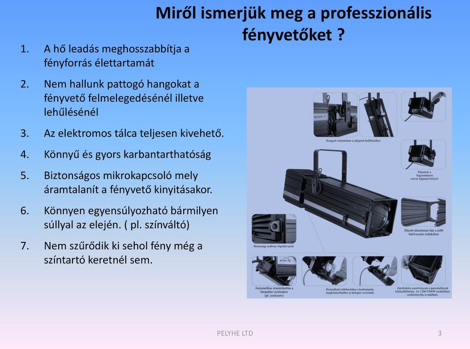 4. Könnyű és gyors karbantarthatóság 5. Biztonságos mikrokapcsoló mely áramtalanít a fényvető kinyitásakor. 6.