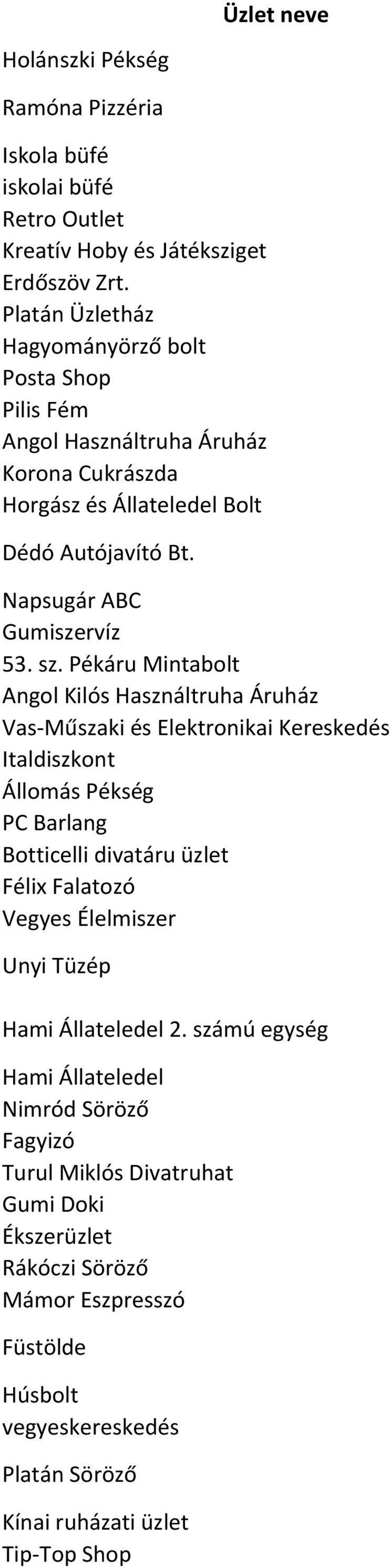 Pékáru Mintabolt Angol Kilós Használtruha Áruház Vas-Műszaki és Elektronikai Kereskedés Italdiszkont Állomás Pékség PC Barlang Botticelli divatáru üzlet Féli Falatozó Vegyes