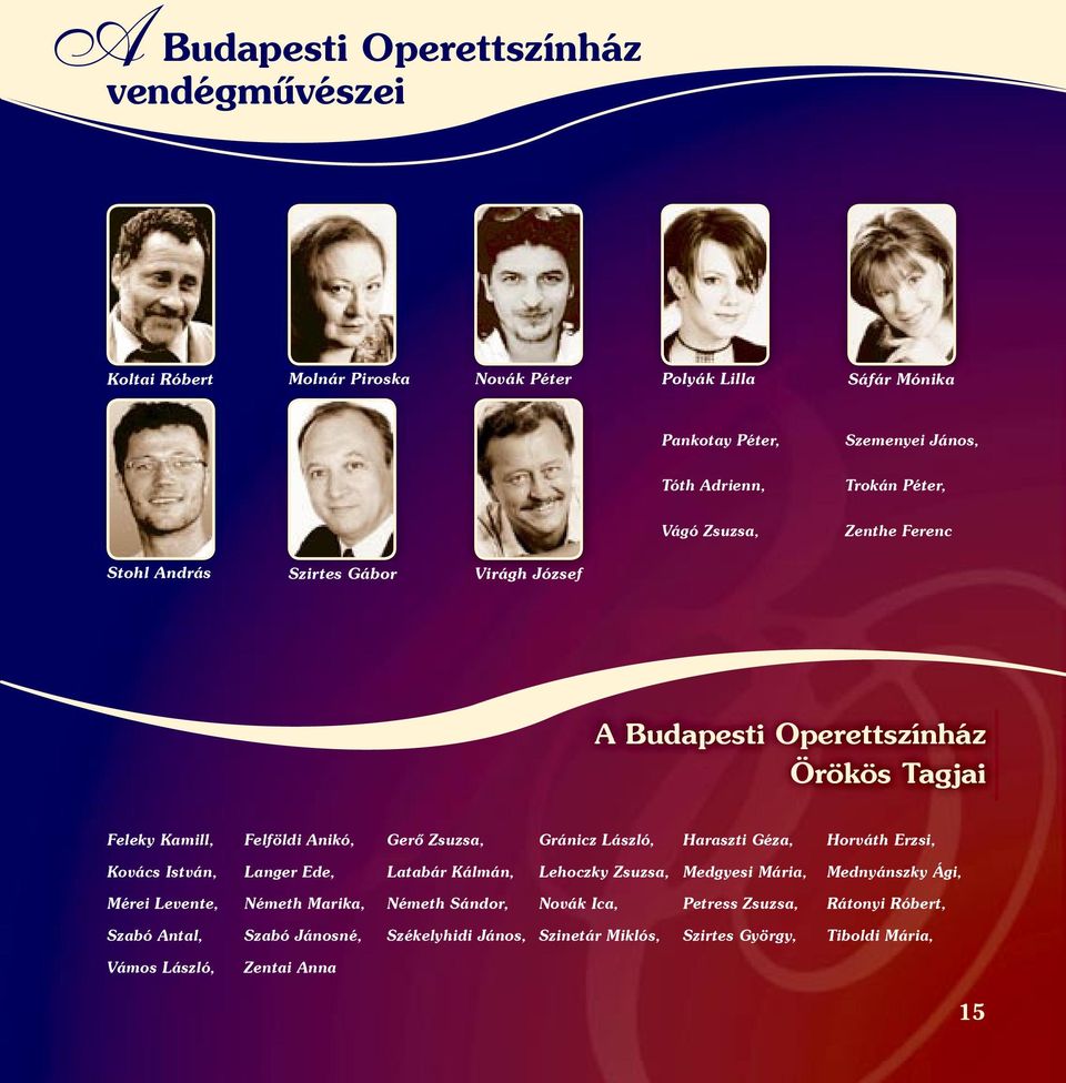 László, Haraszti Géza, Horváth Erzsi, Kovács István, Langer Ede, Latabár Kálmán, Lehoczky Zsuzsa, Medgyesi Mária, Mednyánszky Ági, Mérei Levente, Németh Marika, Németh