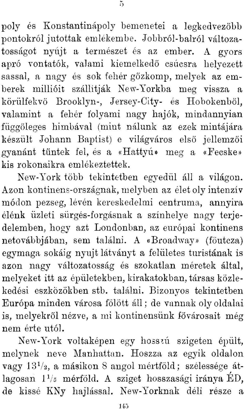 Hobokenből, valamint a fehér folyami nagy hajók, mindannyian függőleges himbával (mint nálunk az ezek mintájára készült Johann Baptist) e világváros első jellemzői gyanánt tűntek fel, és a «Hattyú»