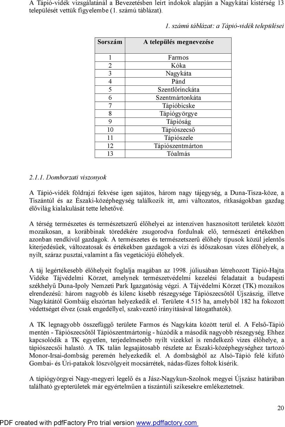 számú táblázat: a Tápió-vidék települései Sorszám A település megnevezése 1 Farmos 2 Kóka 3 Nagykáta 4 Pánd 5 Szentlőrinckáta 6 Szentmártonkáta 7 Tápióbicske 8 Tápiógyörgye 9 Tápióság 10 Tápiószecső