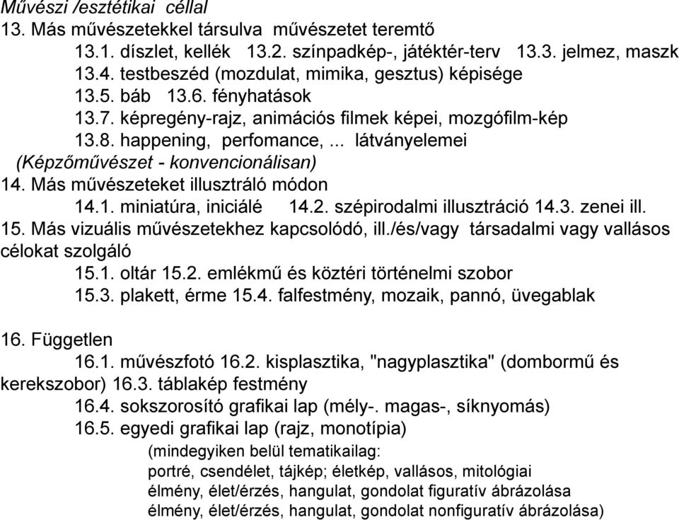 .. látványelemei (Képzőművészet - konvencionálisan) 14. Más művészeteket illusztráló módon 14.1. miniatúra, iniciálé 14.2. szépirodalmi illusztráció 14.3. zenei ill. 15.