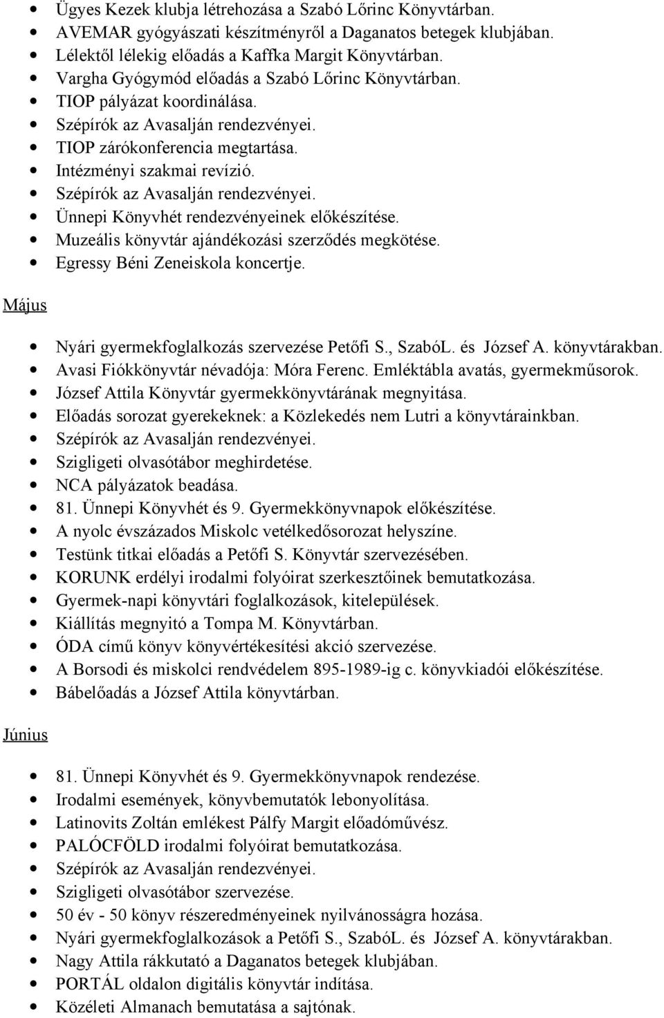 Szépírók az Avasalján rendezvényei. Ünnepi Könyvhét rendezvényeinek előkészítése. Muzeális könyvtár ajándékozási szerződés megkötése. Egressy Béni Zeneiskola koncertje.