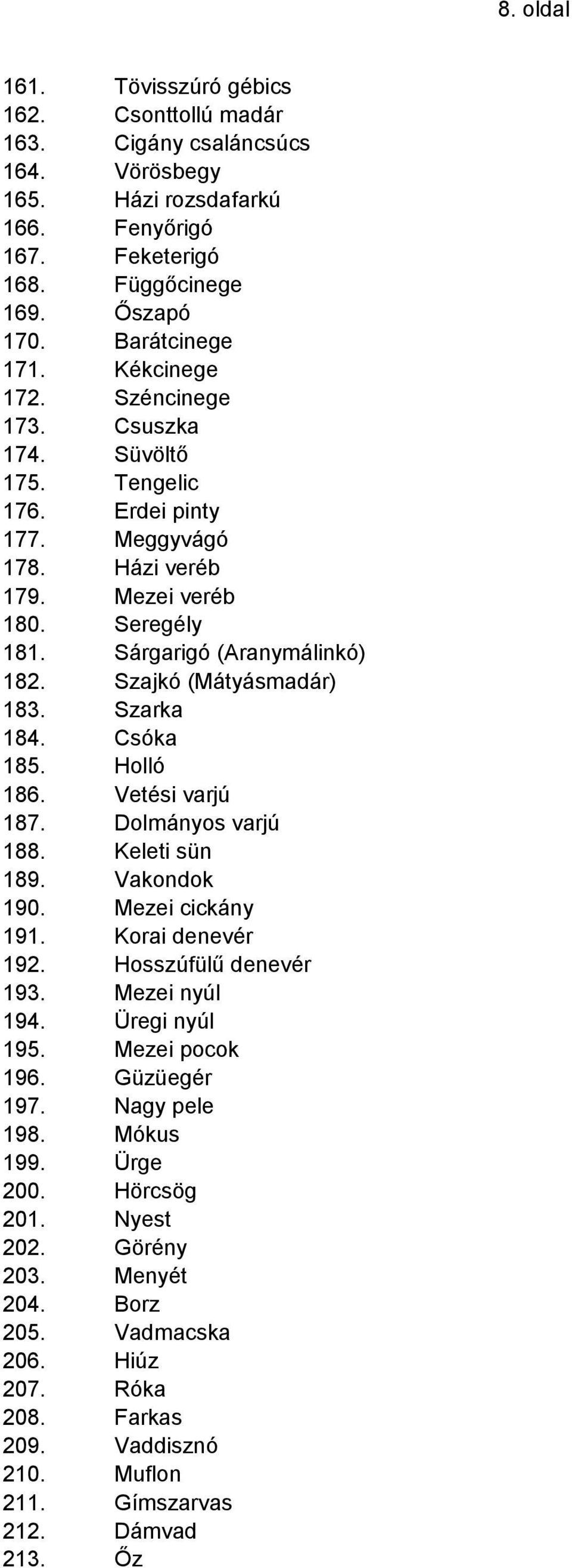 Szajkó (Mátyásmadár) 183. Szarka 184. Csóka 185. Holló 186. Vetési varjú 187. Dolmányos varjú 188. Keleti sün 189. Vakondok 190. Mezei cickány 191. Korai denevér 192. Hosszúfülű denevér 193.