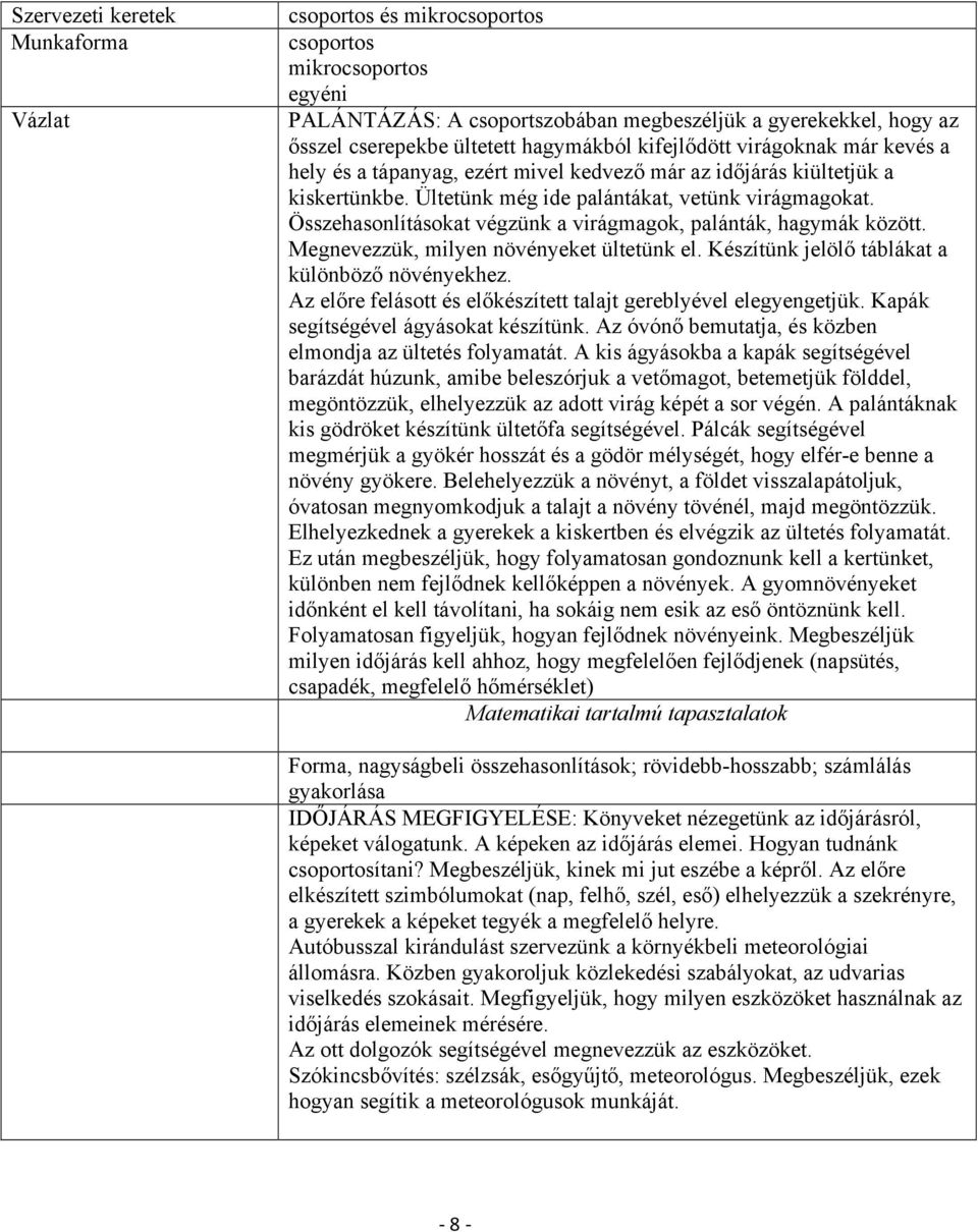 Összehasonlításokat végzünk a virágmagok, palánták, hagymák között. Megnevezzük, milyen növényeket ültetünk el. Készítünk jelölő táblákat a különböző növényekhez.