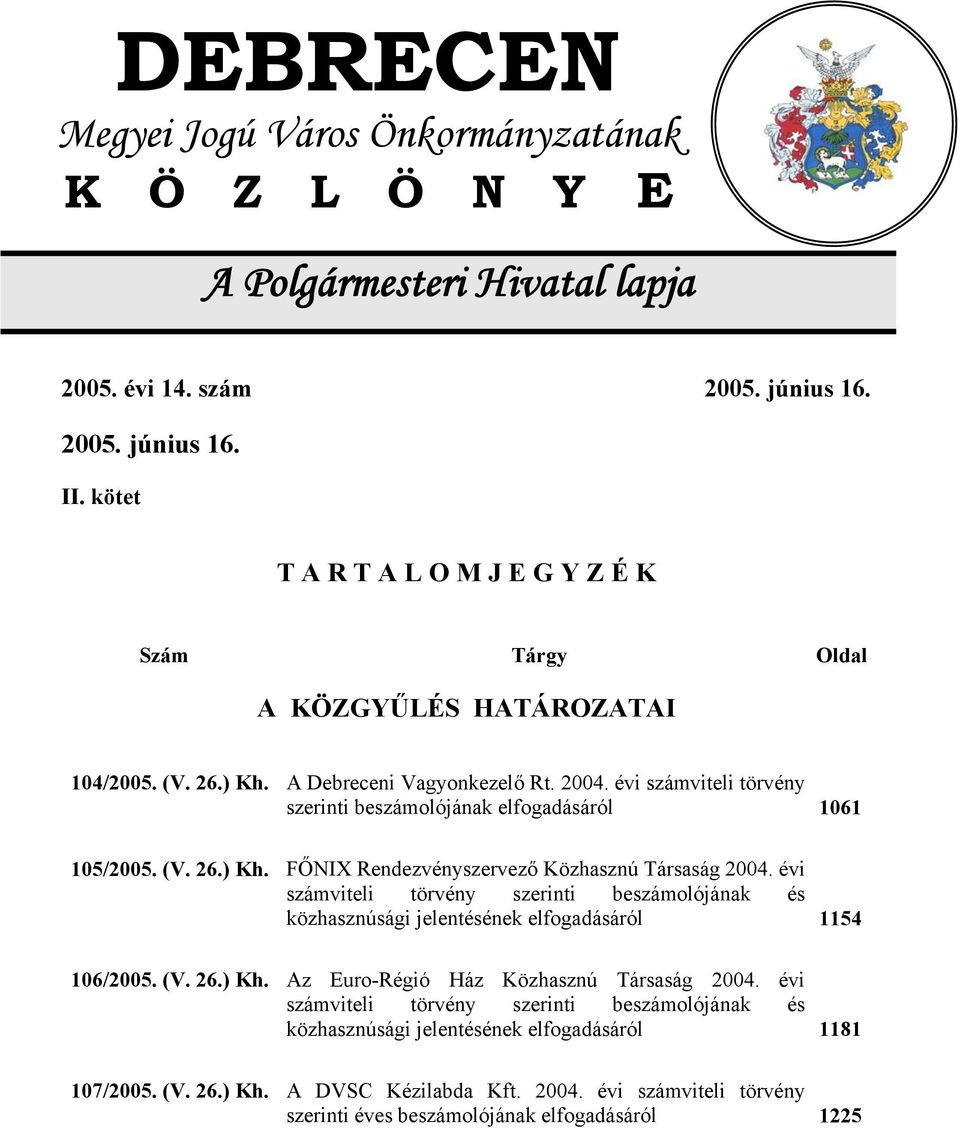 évi számviteli törvény szerinti beszámolójának elfogadásáról 1061 105/2005. (V. 26.) Kh. FŐNIX Rendezvényszervező Közhasznú Társaság 2004.