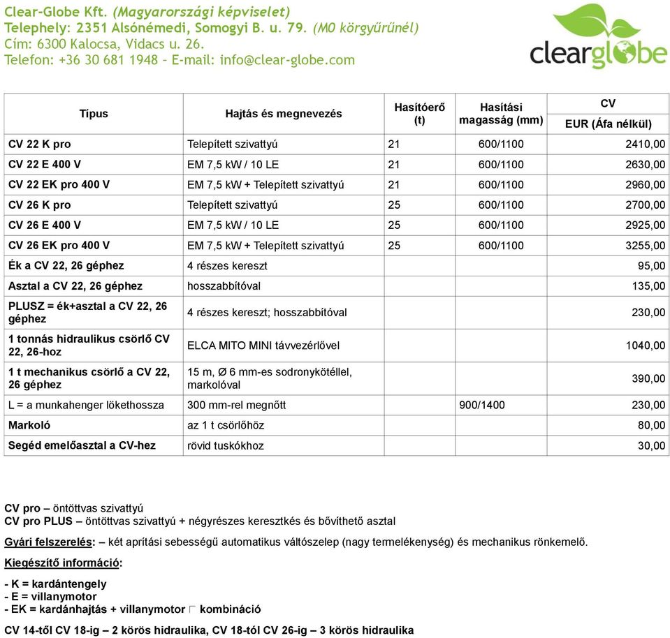 szivattyú 25 600/1100 3255,00 Ék a CV 22, 26 géphez 4 részes kereszt 95,00 Asztal a CV 22, 26 géphez hosszabbítóval 135,00 PLUSZ = ék+asztal a CV 22, 26 géphez 1 tonnás hidraulikus csörlő CV 22,