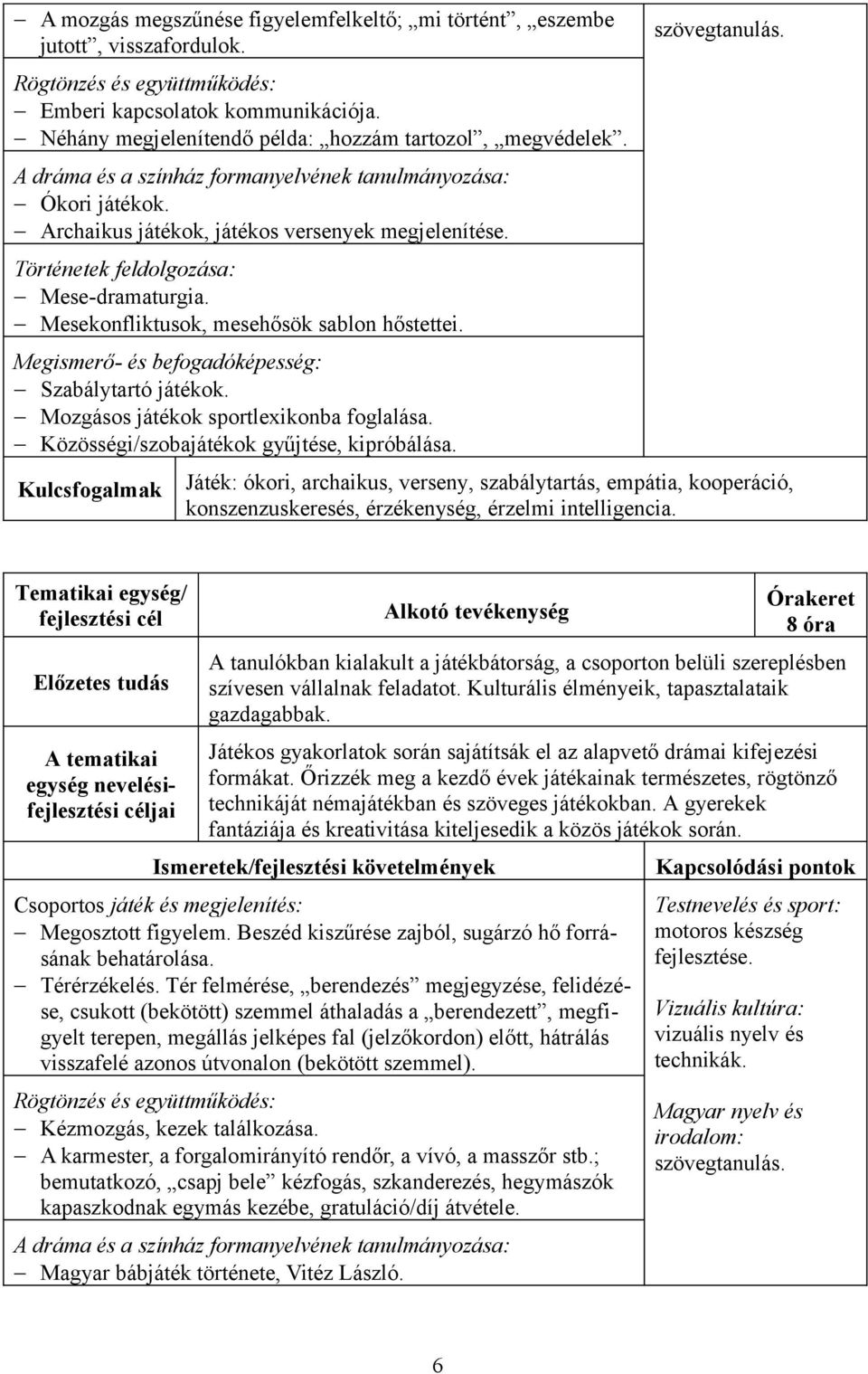 Közösségi/szobajátékok gyűjtése, kipróbálása. szövegtanulás. Játék: ókori, archaikus, verseny, szabálytartás, empátia, kooperáció, konszenzuskeresés, érzékenység, érzelmi intelligencia.