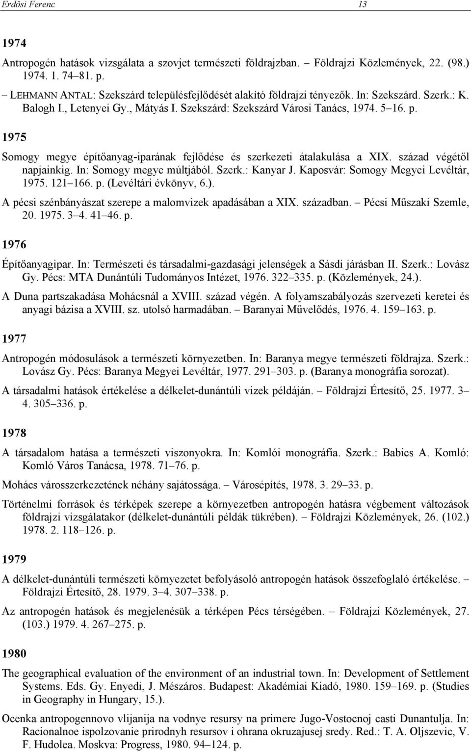 1975 Somogy megye építőanyag-iparának fejlődése és szerkezeti átalakulása a XIX. század végétől napjainkig. In: Somogy megye múltjából. Szerk.: Kanyar J. Kaposvár: Somogy Megyei Levéltár, 1975.