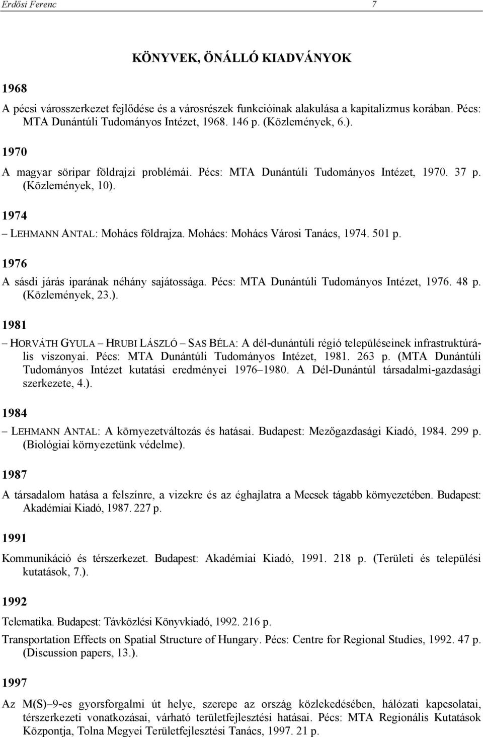 Mohács: Mohács Városi Tanács, 1974. 501 p. 1976 A sásdi járás iparának néhány sajátossága. Pécs: MTA Dunántúli Tudományos Intézet, 1976. 48 p. (Közlemények, 23.).