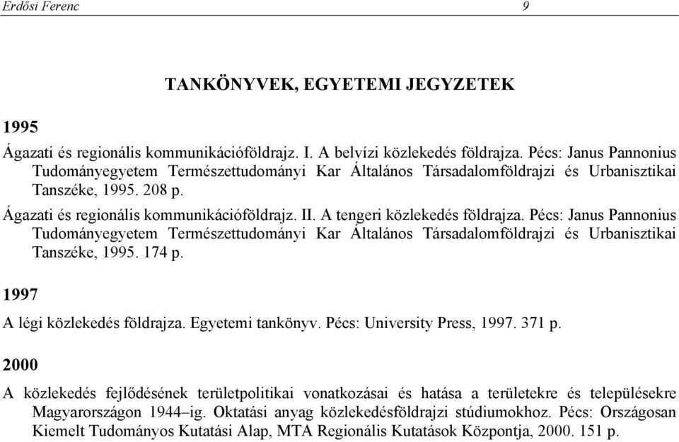 A tengeri közlekedés földrajza. Pécs: Janus Pannonius Tudományegyetem Természettudományi Kar Általános Társadalomföldrajzi és Urbanisztikai Tanszéke, 1995. 174 p. 1997 A légi közlekedés földrajza.