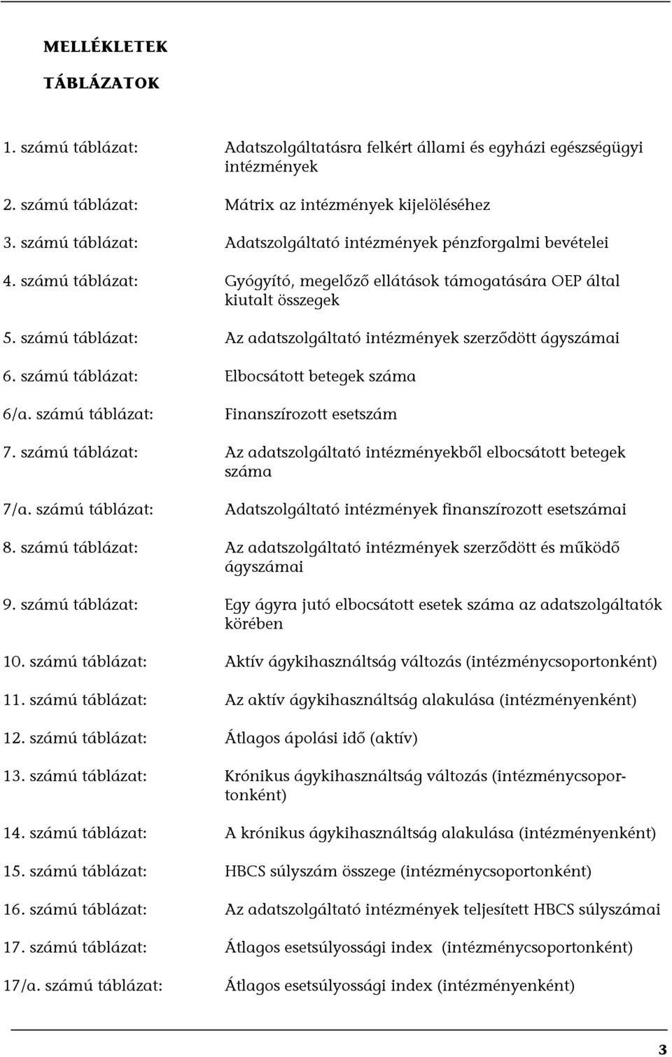 számú táblázat: Az adatszolgáltató intézmények szerződött ágyszámai 6. számú táblázat: Elbocsátott betegek száma 6/a. számú táblázat: Finanszírozott esetszám 7.