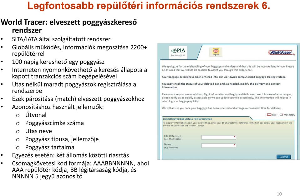 poggyász Interneten nyomonkövethető a keresés állapota a kapott tranzakciós szám begépelésével Utas nélkül maradt poggyászok regisztrálása a rendszerbe Ezek párosítása (match)